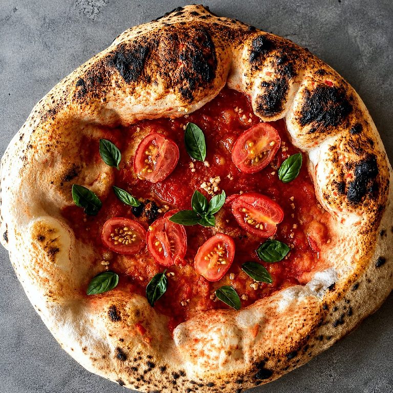 Wood-fired Neapolitan pizza with cherry tomatoes and basil from Antimo Pizza Chef