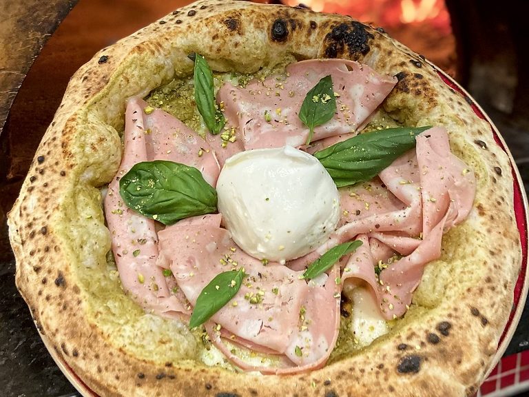 Mortadella, burrata and pistachio pizza, pizza catering Sutherland Shire