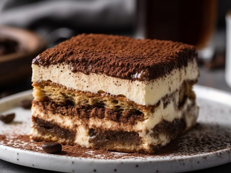 Layered tiramisu dusted with cocoa